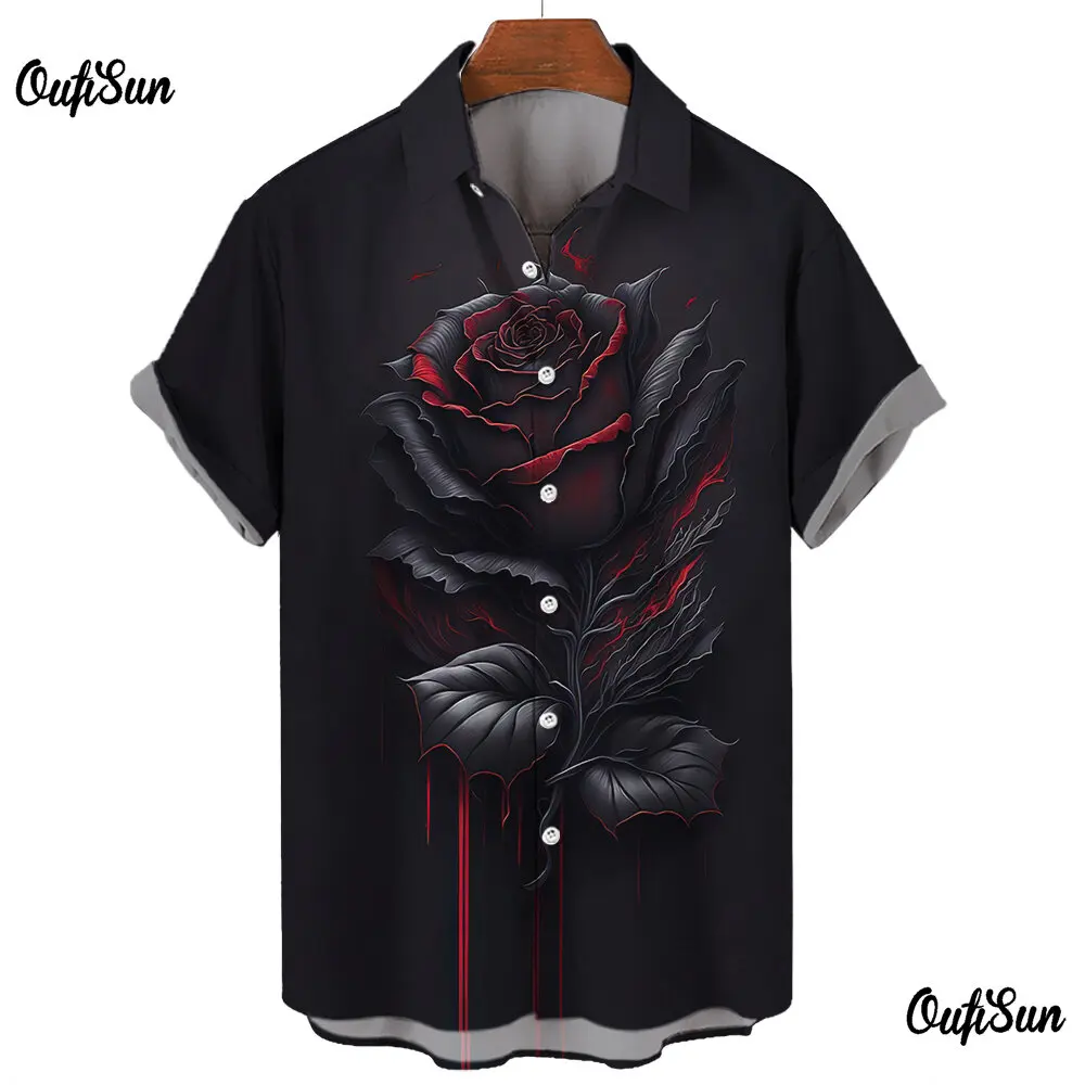 Pure Black Summer Men\'s Short-sleeved Shirt With Simple Rose Design For Daily Casual Wear Men\'s Oversized T-shirt Top Size S-5XL