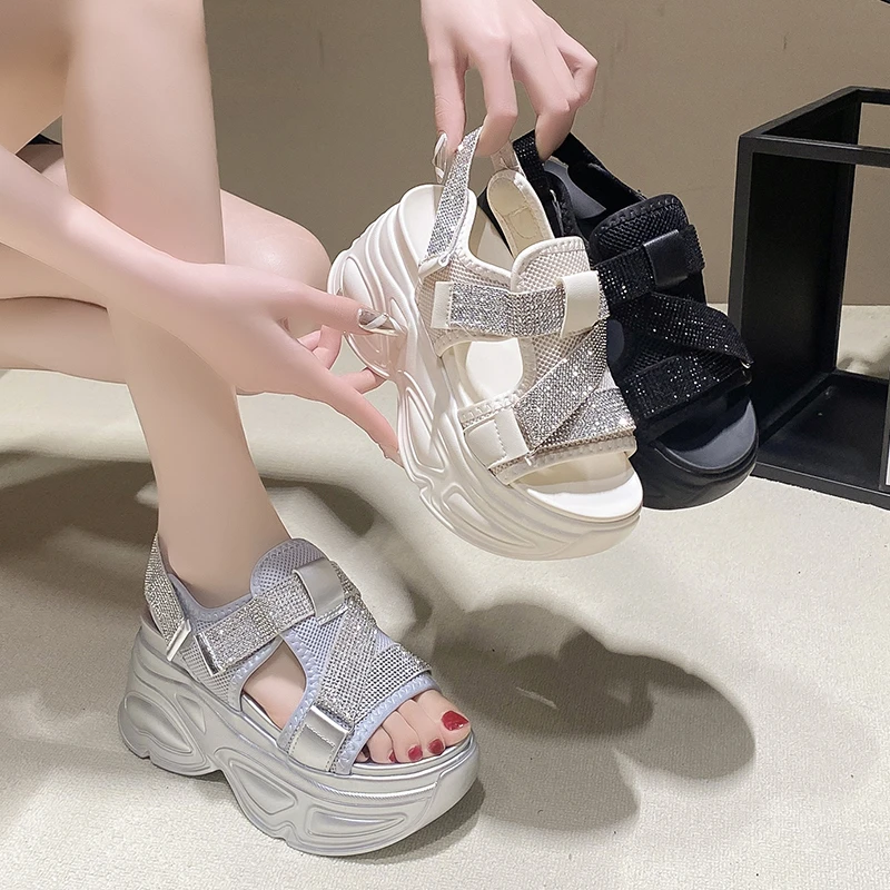 8.5CM Platform Sandals Women Bling Wedge High Heels Summer Rhinestone Hook Loop Chunky Sandalias Beach Slippers Zapatos Mujer