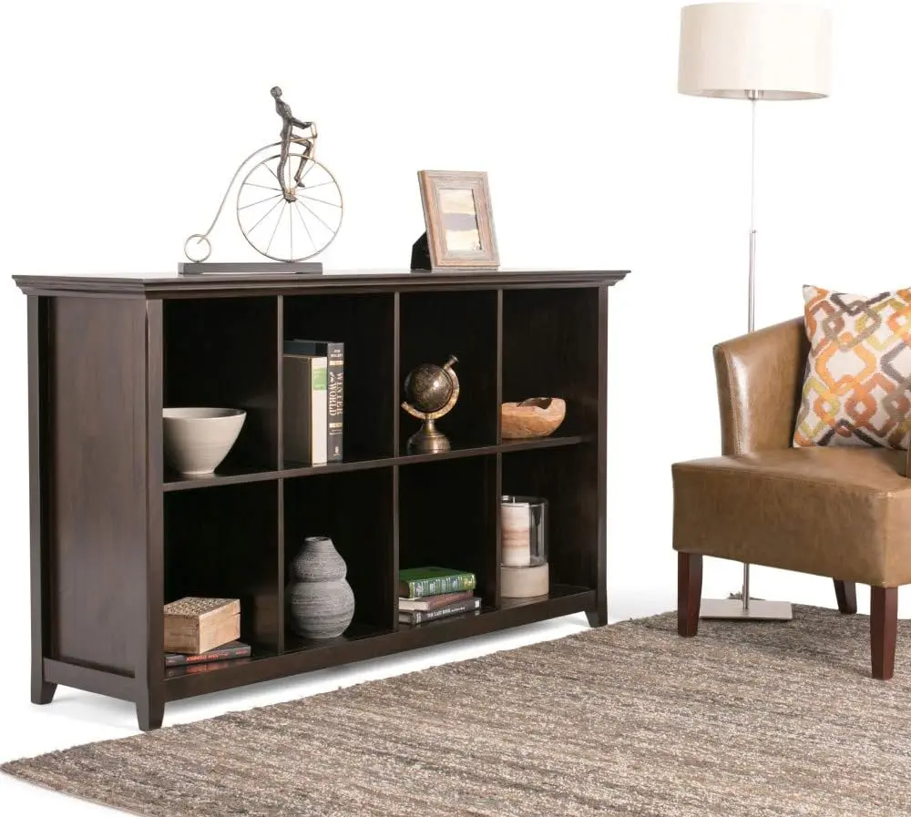 Simplihome Amherst Solid Wood 57 Inch Wide Transitional 8 Cube Bookcase Storage Sofa Table In Hickory Brown With Storage, 8