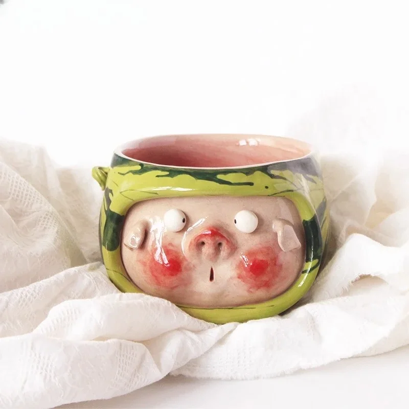 Drinking utensils pig watermelon bowl cute ceramic underglaze color hand-painted creative rice bowl yogurt