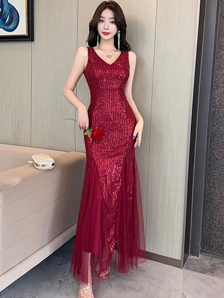 

Summer Red Sequins V-Neck Sexy Sling Long Dress Women Elegant Patchwork Ruffled Mermaid Dress 2025 Korean Luxury Party Vestidos