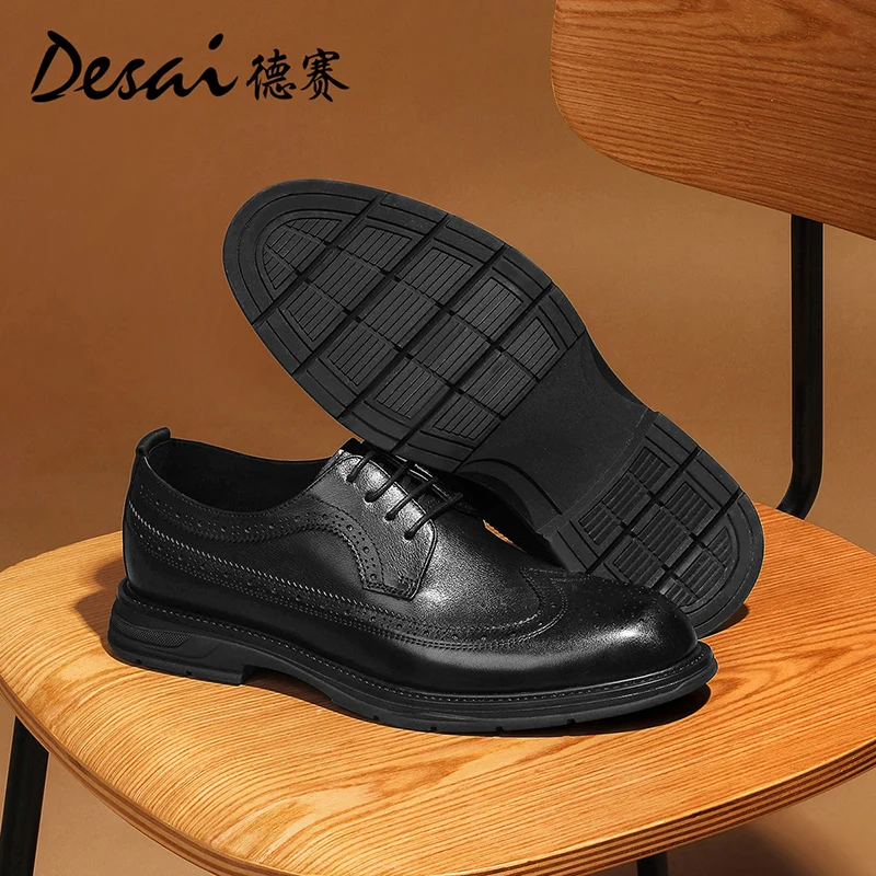 DESAI Men Shoes Genuine Leather Derby Design Shoes For Men Formal Work Dress Casual Bullock Brogue 2024 New Arrival High Quality