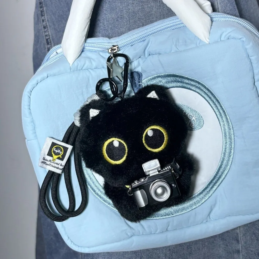 Cute Scarf Black Cat Plush Doll Keychain Camera Shoulder Bag Doll Bag Pendant Car Key Ring School Bag Decoration