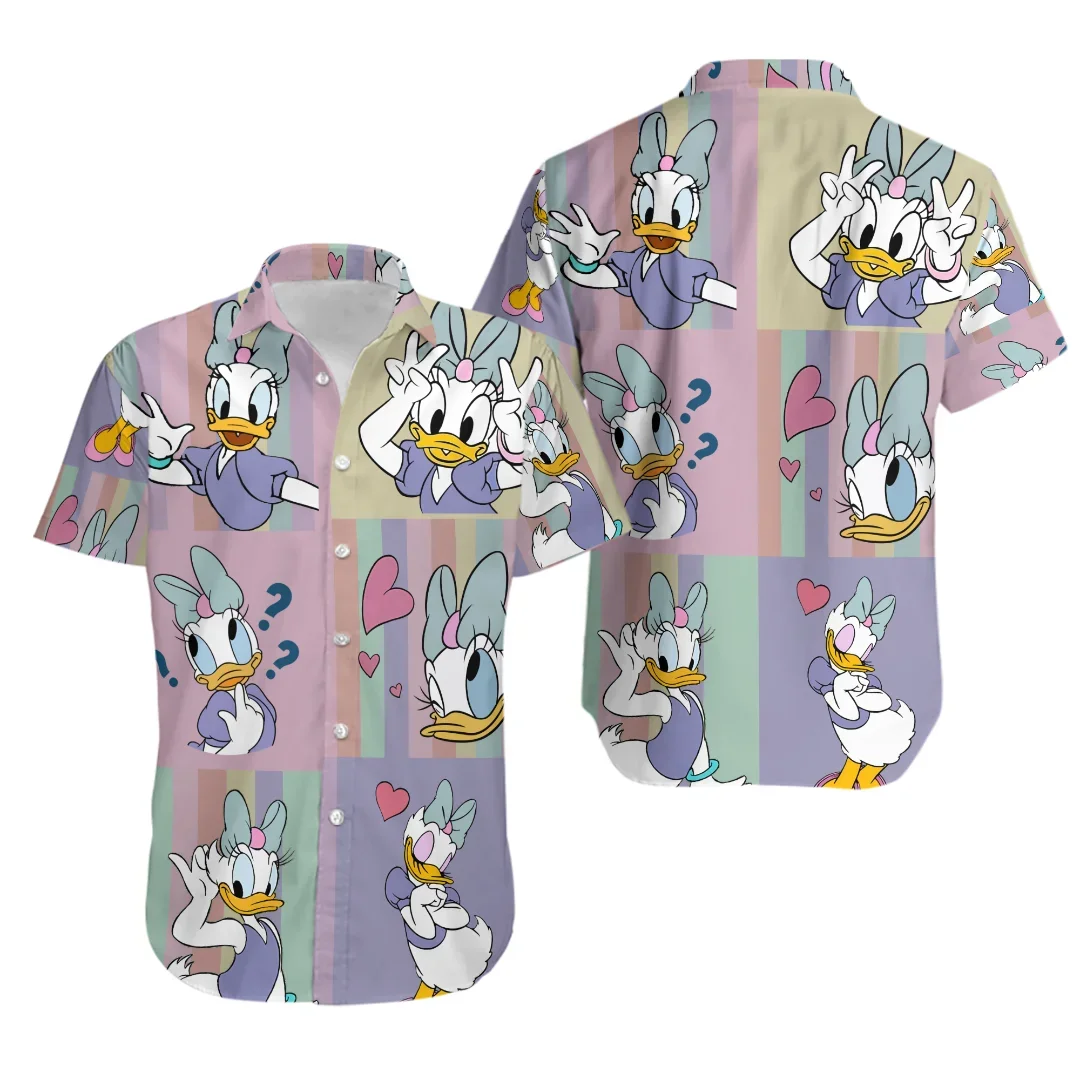 

2024 Disney Daisy Duck Hawaiian Shirts Men's Women Summer Short Sleeve Shirts Hawaiian Shirts Casual Beach Shirts Harajuku Top