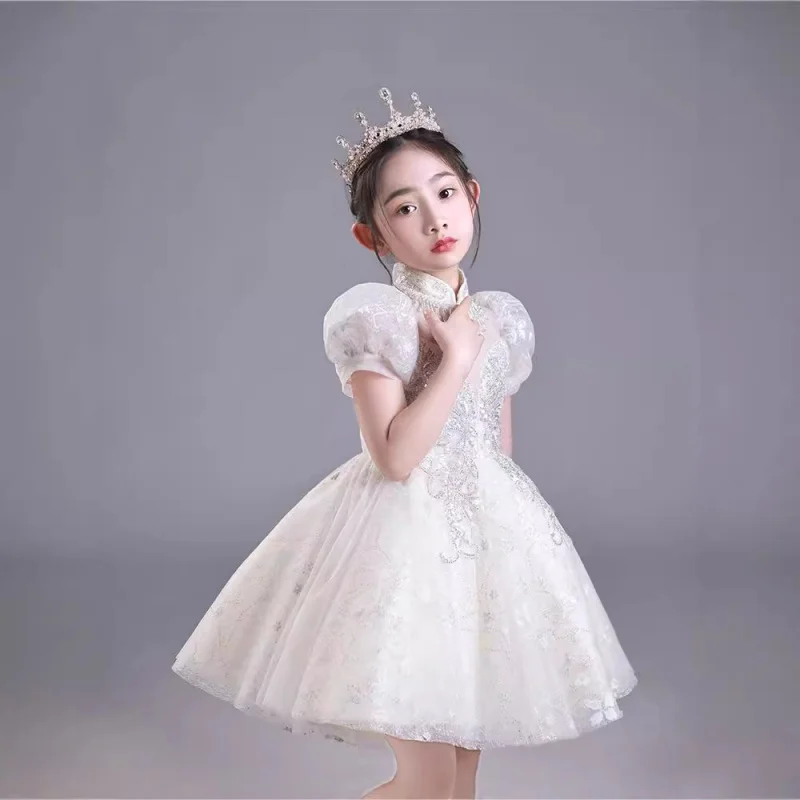 

Детское официальное платье принцессы с цветочным узором на свадьбу для маленьких девочек, пышное элитное платье для выступлений на фортепиано для девочек S