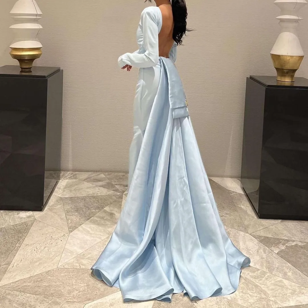 Meetlove Customized High Collar Prom Dresses Floor-Length Court Train Backless Long Sleeves Wrinkle A-Line Personality 2023