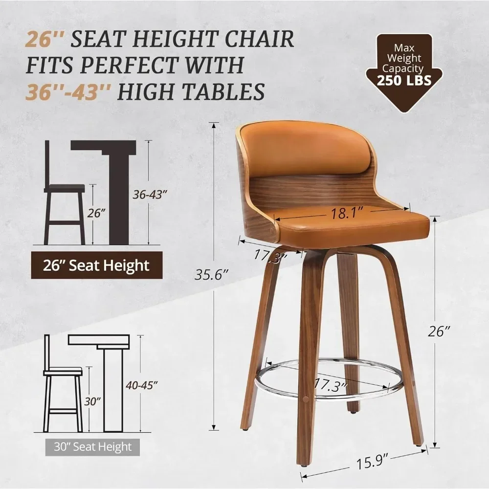 26 Inch Bar Chairs with Solid Back, Walnut Finish and Swivel Seat, Counter Height Barstool Set of 6, Brown