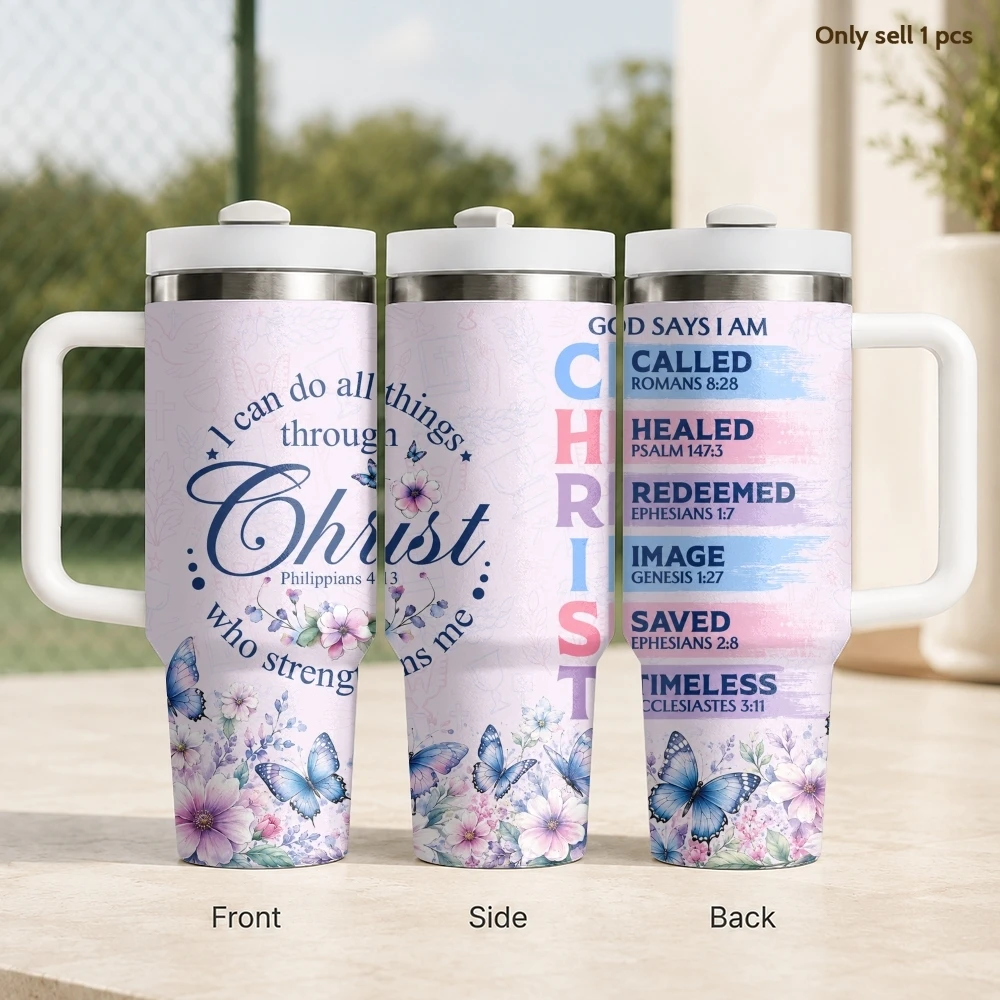 Acrostic Bible Scripture Art Vacuum Flasks 40oz Stainless Steel Insulated Tumbler With Handle & Straw Leakproof Travel Mug