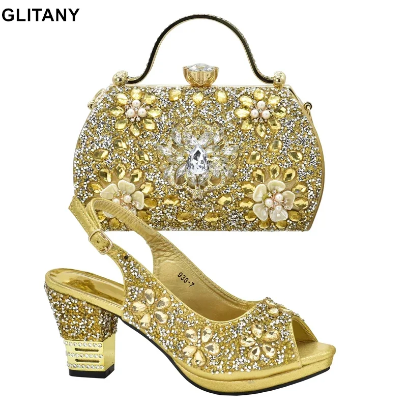 Italian Shoes and Bags Matching Set with Rhinestone Plus Size Shoes Luxury Italian Shoe and Bag Set 2024 Wedding Shoes Bride