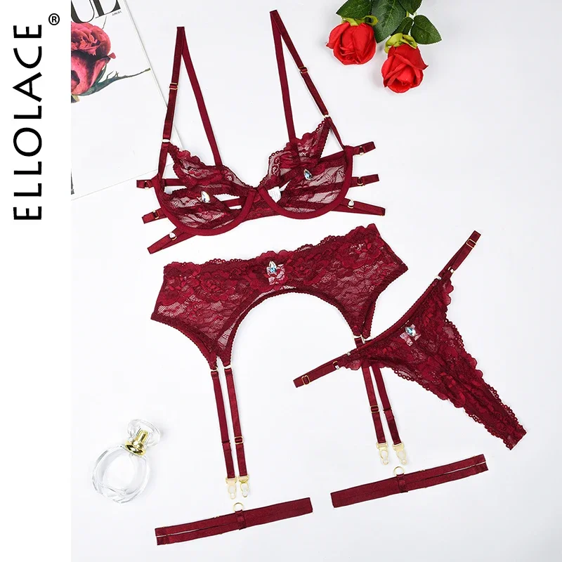 Ellolace Erwachsene Dessous Onlyfans Frau Hohl BH Set Offener Zugang Sexy Hosenträger Body Spitze Fancy Diamond Romantische Unterwäsche