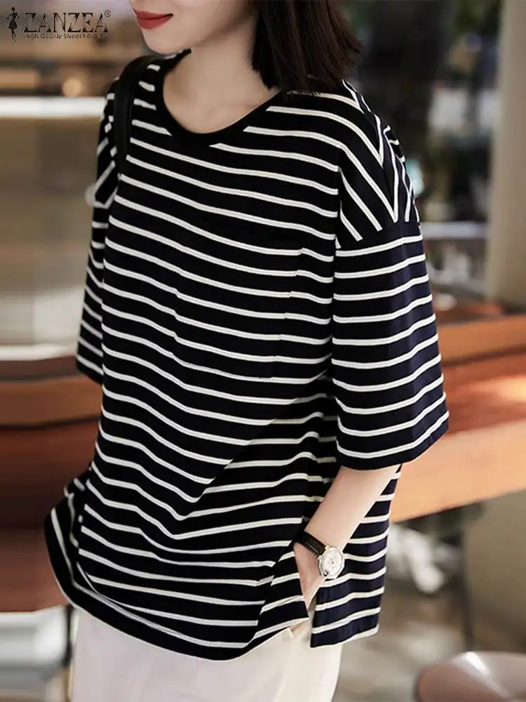 2024 ZANZEA Summer Blouse Women Fashion Stripe Printed Tops Casual O Neck Half Sleeve Shirt Female Work Chemise Loose Blusas