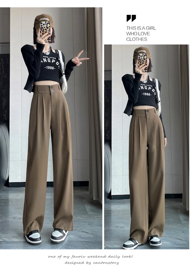 Frauen Lose Frühling Sommer 2024, Neue Hohe Taille Breite Beine Dünne Beiläufige Hosen Koreanische Mode-Trend Weiblichen Anzug Gerade Hosen – Detail 15
