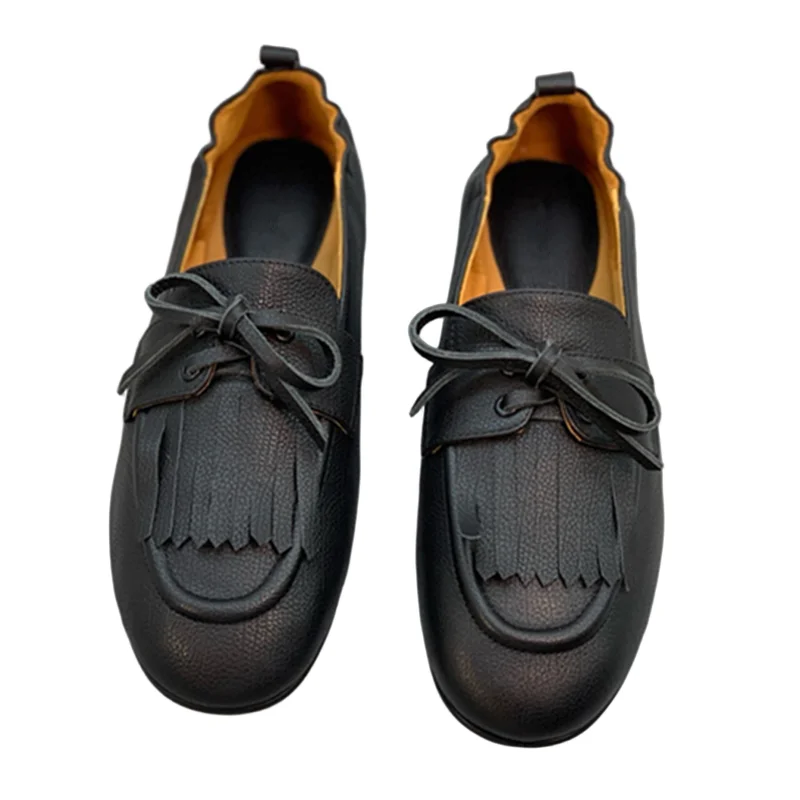 

Withered French Office Ladies Lazy Tassel Leather Flat Shoes Autumn Winter Retro Minimalist Handmade Leather Loafers Shoes Women