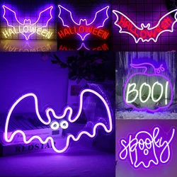 Letreros de neón de murciélago para decoración de pared de Halloween, luces Led púrpuras alimentadas por USB para decoración de dormitorio, fiesta en casa