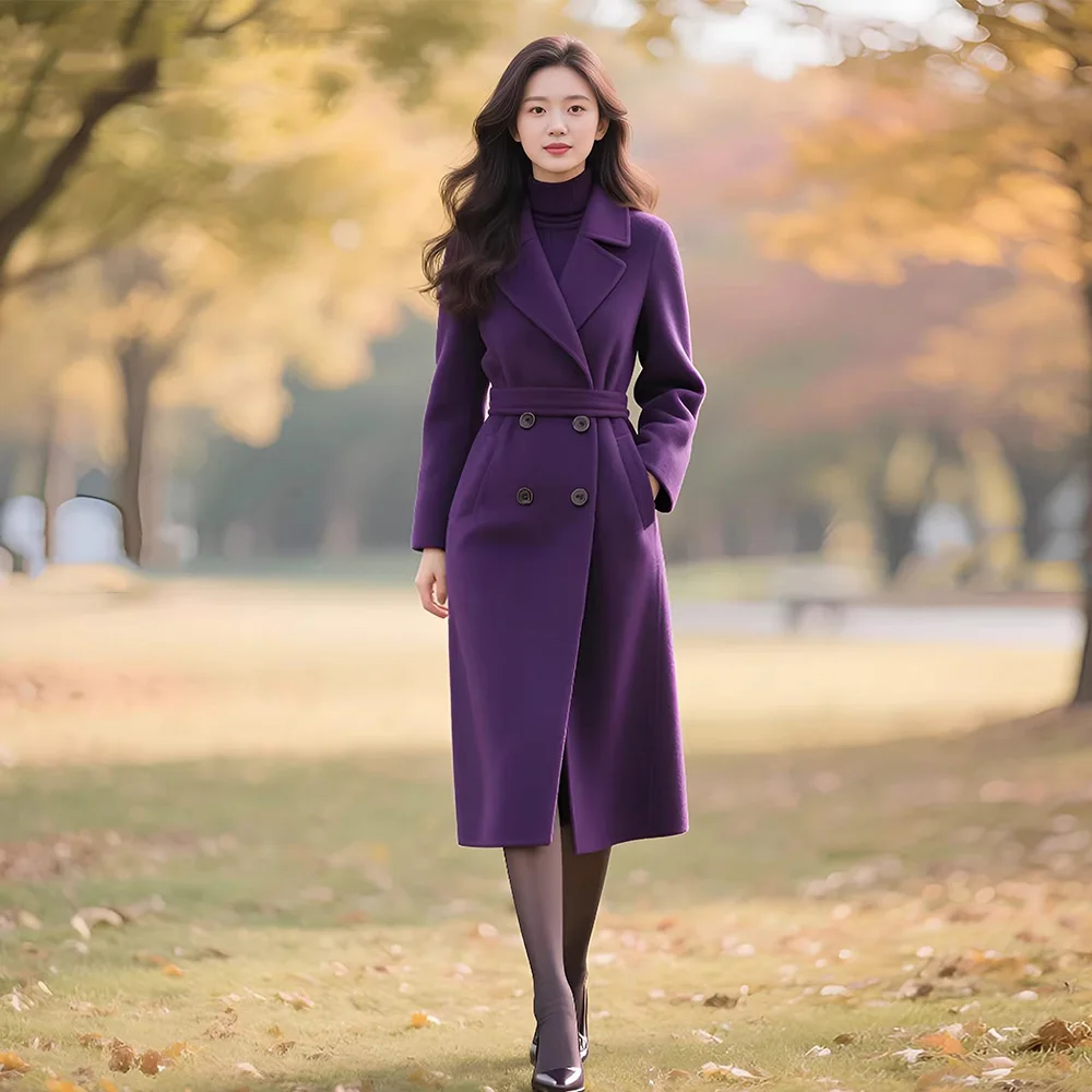 New Women Long Woolen Coat Spring Autumn Winter Fashion Suit Collar Double Breasted Slim Waist Wool Blends Coat Elegant Coat