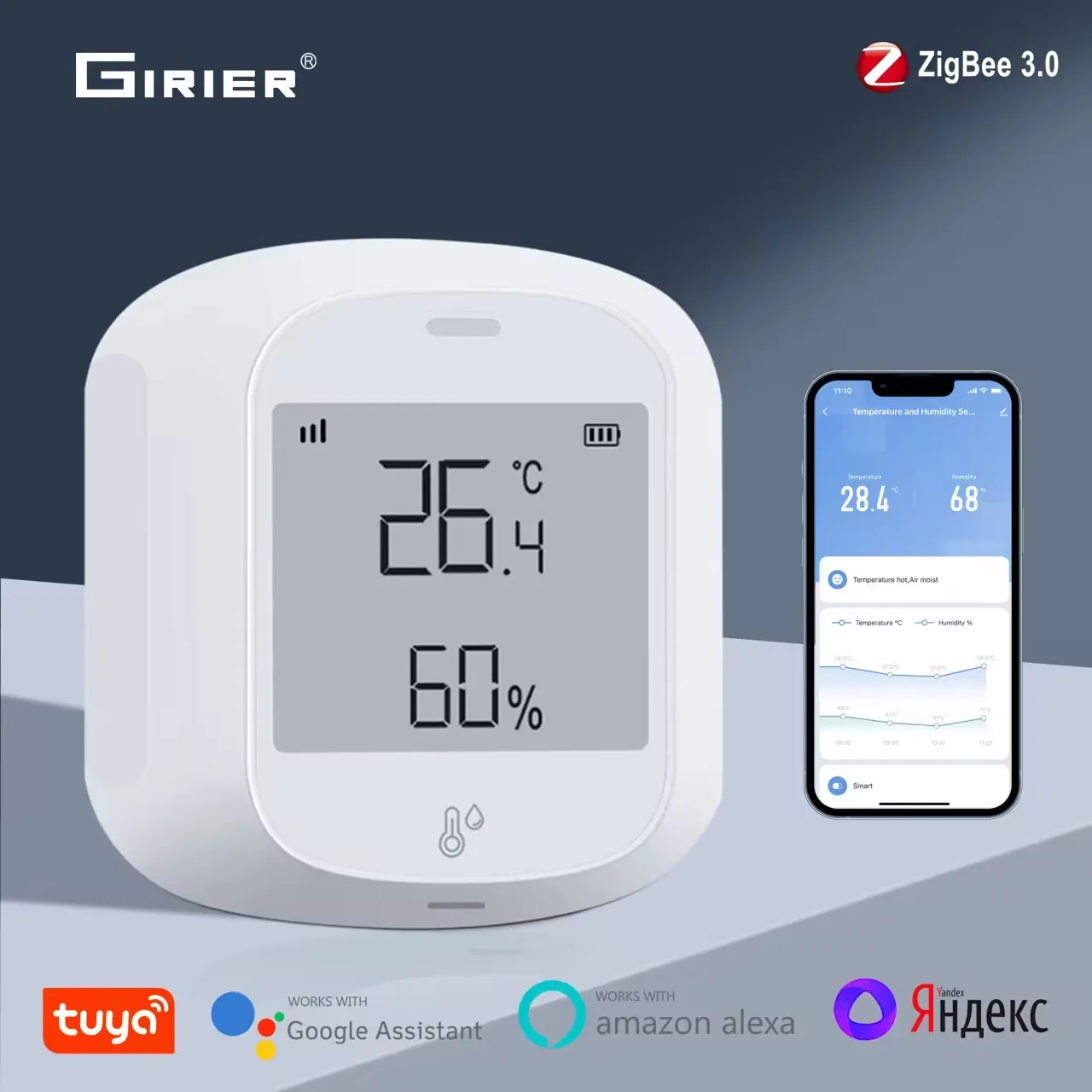 GIRIER Tuya ZigBee Temperature and Humidity Sensor Wireless Smart Home Thermometer Hygrometer Works with Alexa Alice Hey Google