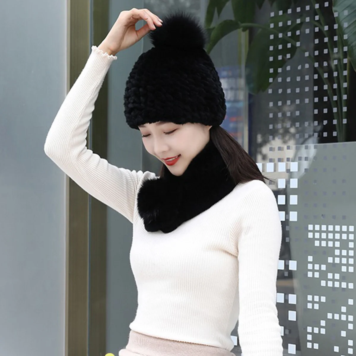 

FEIMANYUAN натуральная шапка из лисы и кроличьего меха и меховой шарик, горячая распродажа для женщин, горячая распродажа, новая зимняя теплая шапка из лисьего меха для женщин