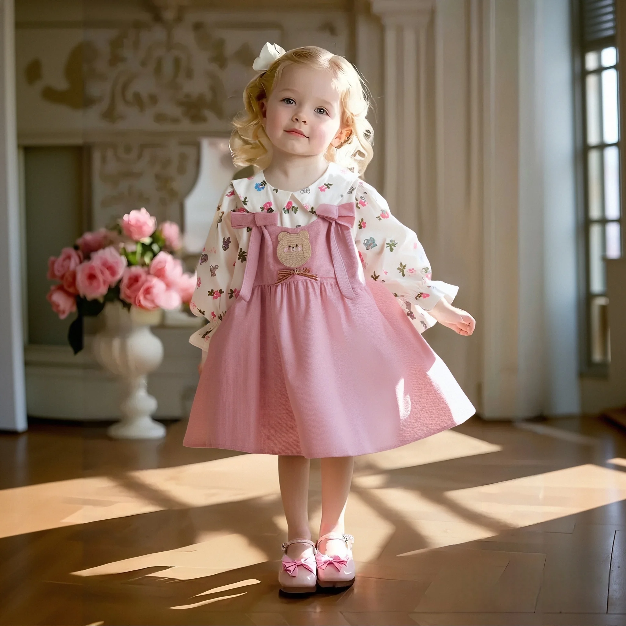 Baby Girl Dress Spring And Autumn Bow And Cartoon Floral Pattern Doll Collar Long-Sleeved Girls Dress Cute Casual Baby Dresses