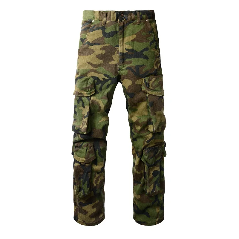 Army Green Camouflage Multi-pocket Straight-leg Workwear Elastic Trousers, European and American Men's New Style Jeans.