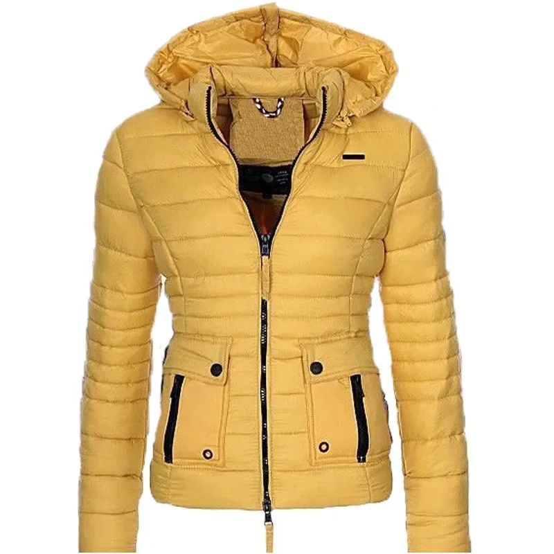 Women's Cotton Parka Winter Slimming Long Sleeves Solid Warm Zippers Parkas Spliced Pockets Buttons Outwear Hooded Short Coat