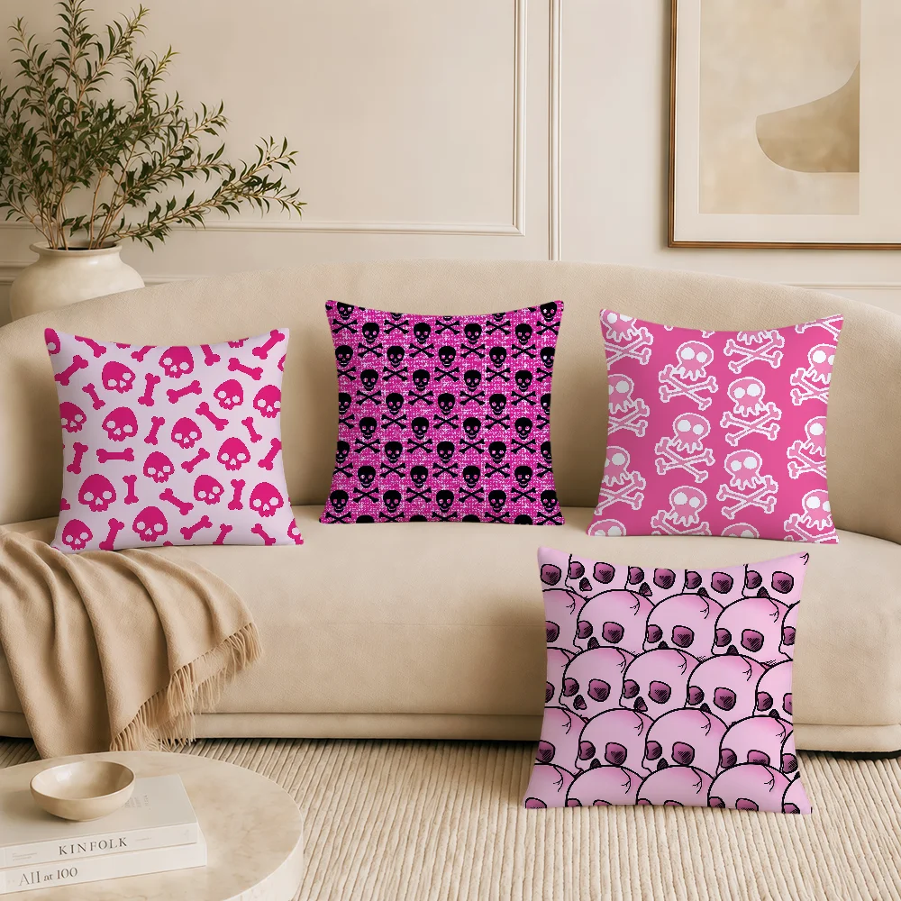 Pink White Skull Cross Bone Halloween Cushion Cover Soft Pillowcase Double Sided Sofa Home Living Room Decor Bed Hogar Gift
