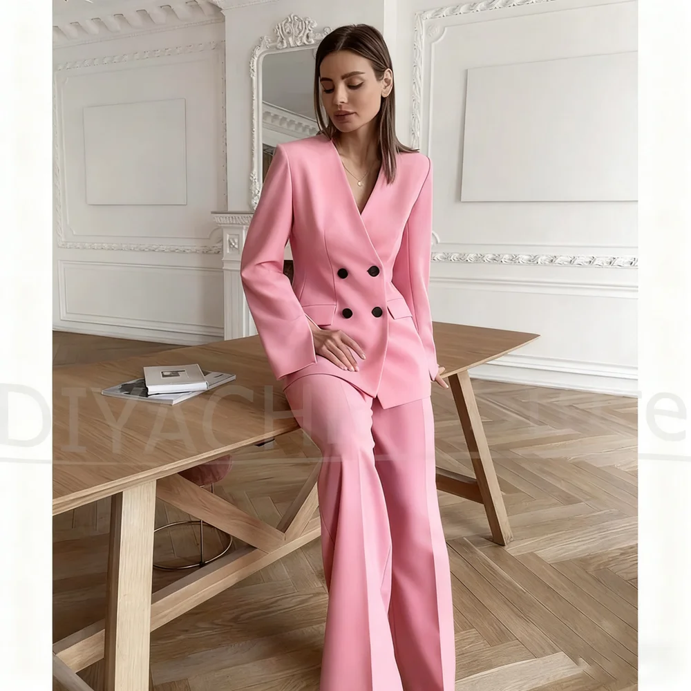 Women's Suit Fashion Double Breasted Long Sleeves Wear Elegant Chic Formal Daily Casual Solid Color Pants Sets Two Piece