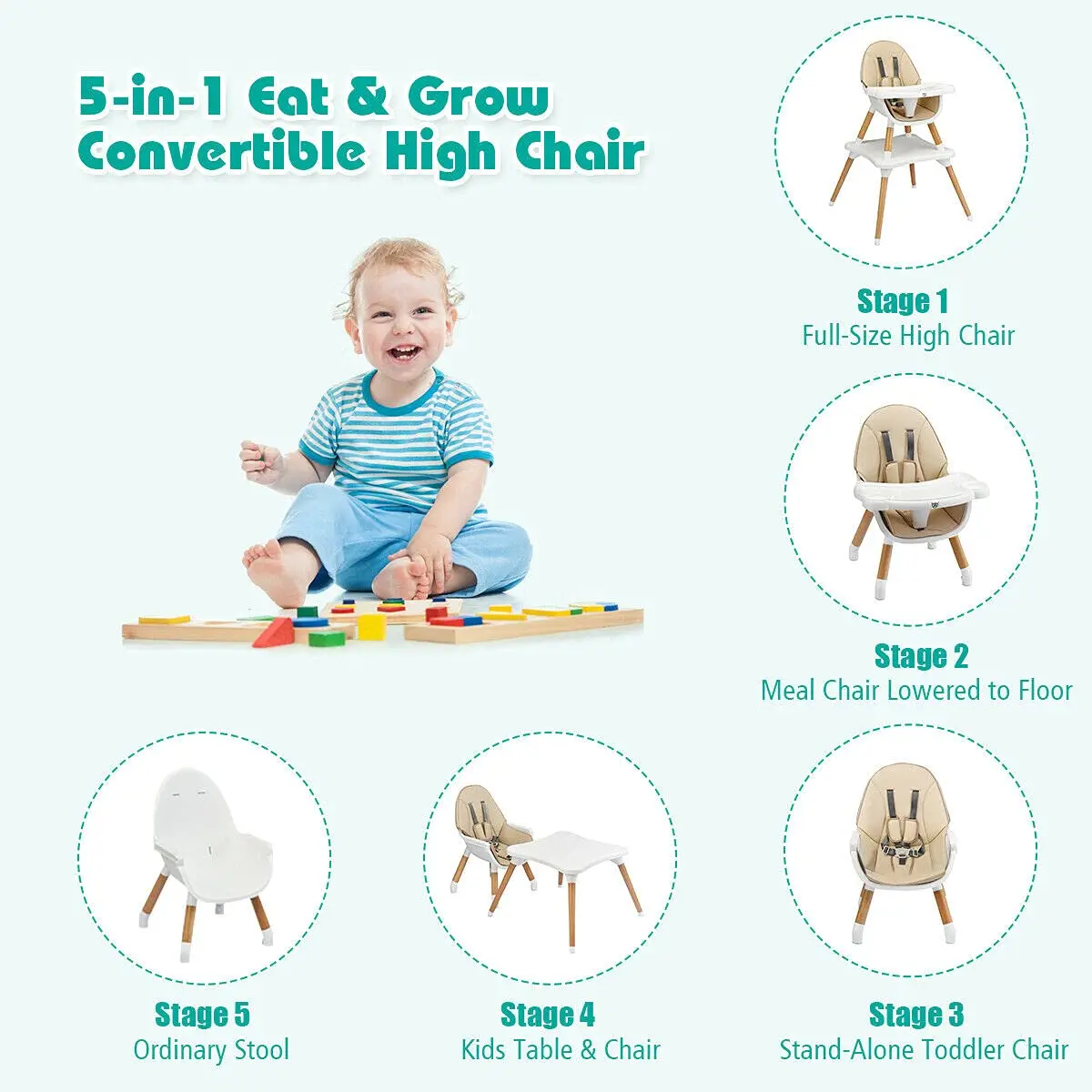 Baby High Chair, 5-in-1 Convertible Wooden Highchair  and Toddlers/Table and Chair Set/Toddler Chair with Safety Harness