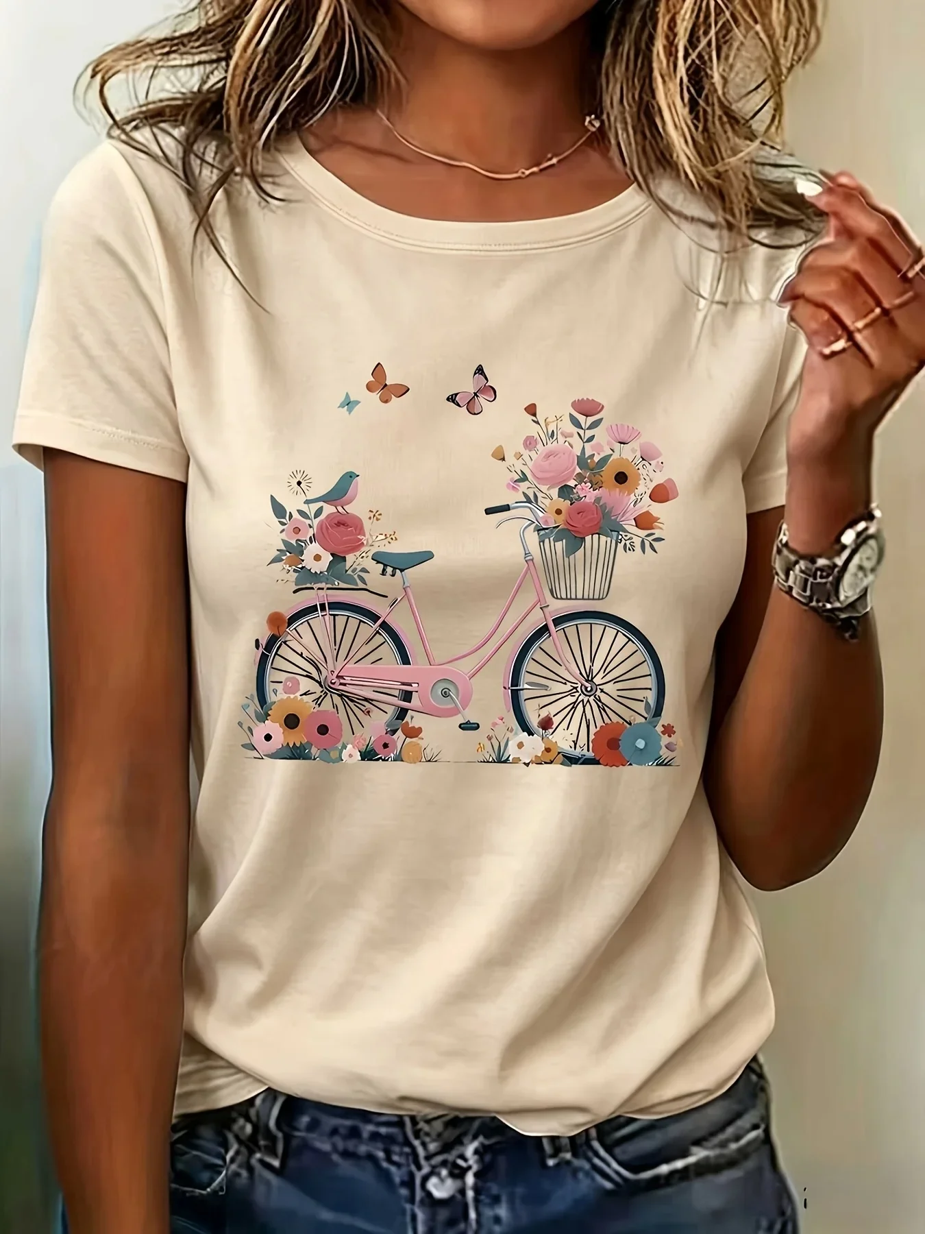 Fresh Preppy Style Women T Shirt Floral Bicycle Butterfly Bird Graphic Print Short Sleeve Loose Casual Daily Streetwear Tops