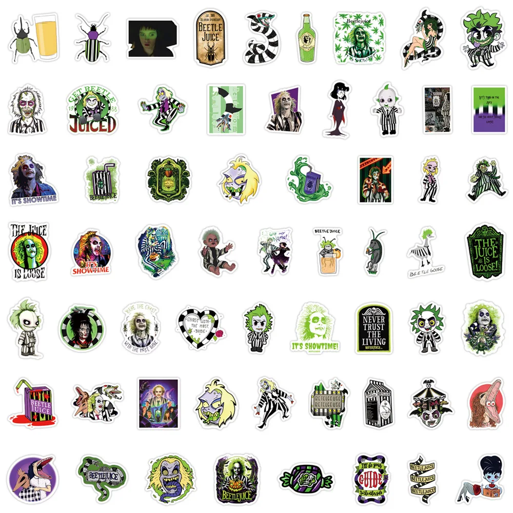 Beetle Juice Cartoon Stickers, Mocie Graffiti Sticker, Brinquedo, Bagagem, Capacete, Telefone, Guitarra, Bicicleta, Decalques de Skate, Bagagem, 10 Pcs, 60Pcs