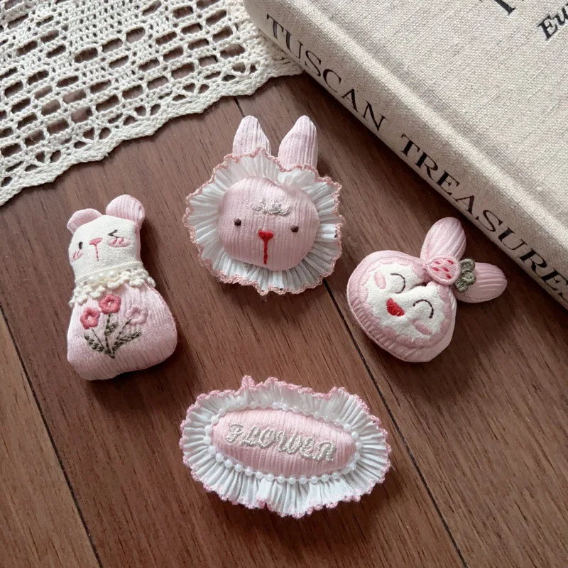 High Quality Soft Pink Bunny Hair Clip Lace Pearl DIY Handmade Brooch Pin for Scarf Shoes Hat Clothing Embellishment