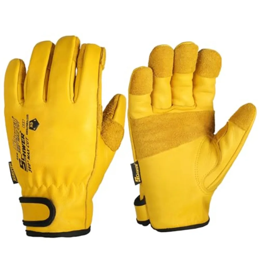 

ANSI A9 Cut Resistant Leather Work Gloves, PM3401 Cut Proof Gloves, Reinforced Fingertips and Palm Cowhide Work Gloves for Cons