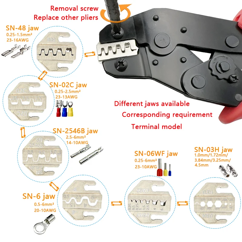 Crimp pliers SN-58B interchangeable pliers for XH2.54/ DuPont 2.54/2.8/4.8/6.3/ non-insulated terminal photovoltaic ratchet