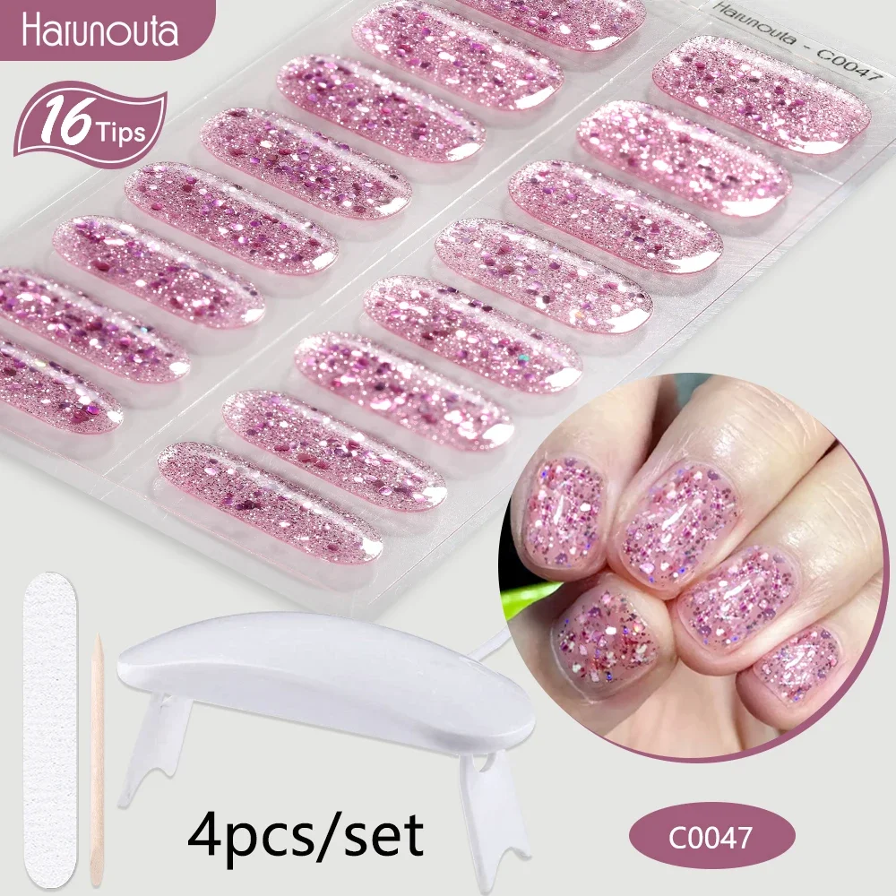 Harunouta 4 buah/set Strip kuku Gel Semi sembuh dengan lampu kuku berkilau berkilau cat kuku Gel kit stiker kuku seni manikur