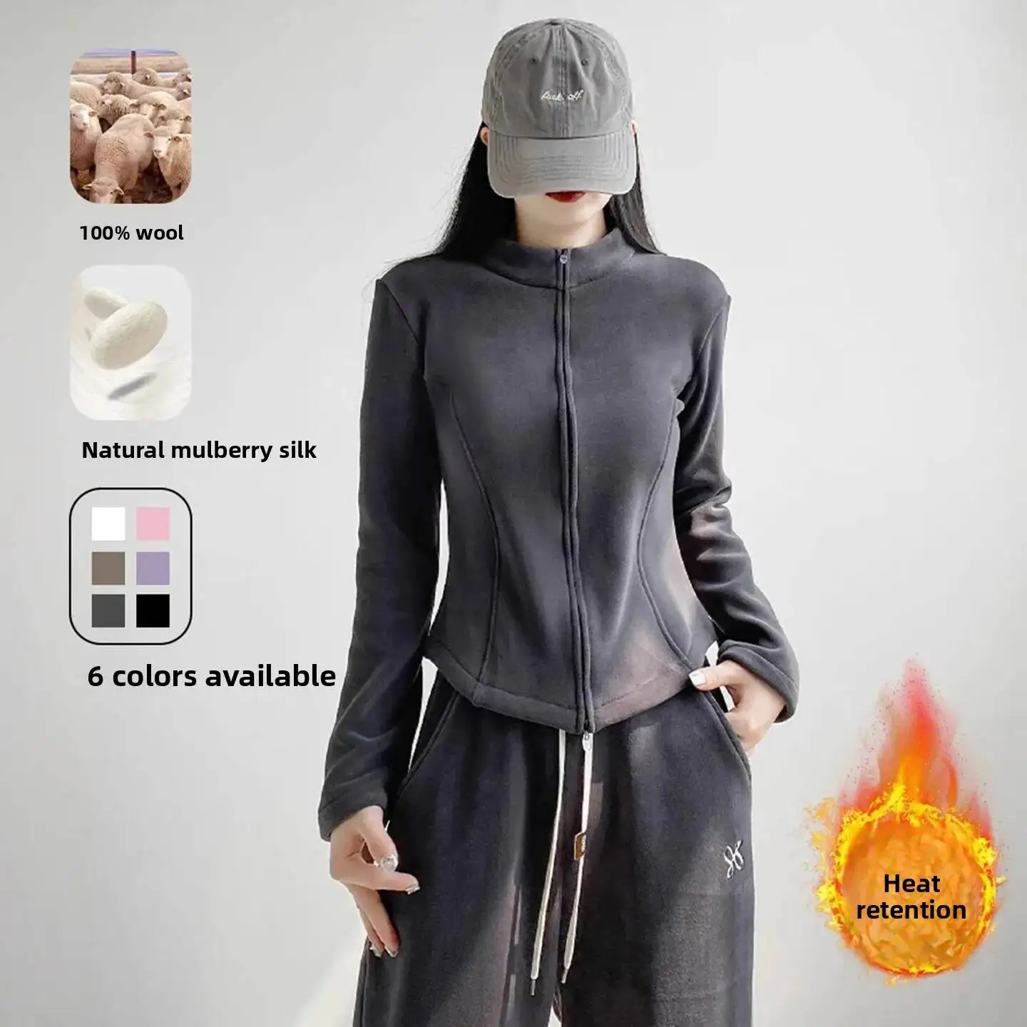 

Black Lined Short Jacket Women's Slim Fit Stand Collar Warm Fleece Fashion Sweatshirt Autumn Winter New Arrival