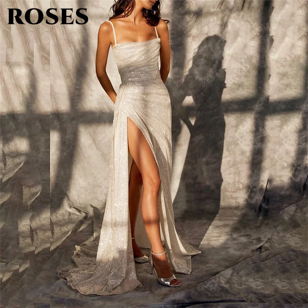 ROSES White Glitter Evening Dresses Spaghetti Strap Prom Dresses for Wedding Side Split Mermaid Sweep Train فستان حفلات الزفاف