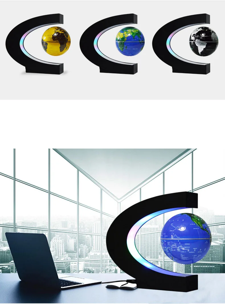 3นิ้ว Magnetic Levitation Globe C Shape Night ลอย World แผนที่ของเล่นตกแต่ง Terrestrial โคมไฟสำนักงานเครื่องประดับโต๊ะ