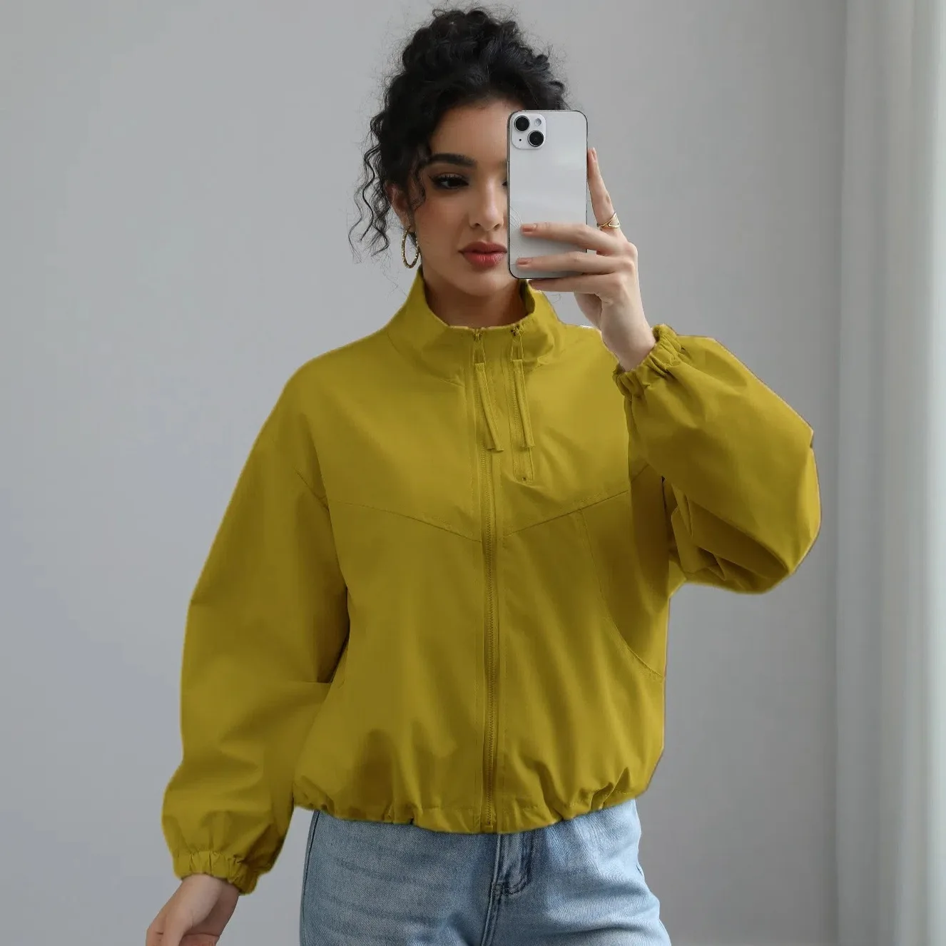 European American Autumn New Fashion Women's Solid Color Stand Collar Long Sleeve Simple Basic Casual Trendy Jackets Female Coat