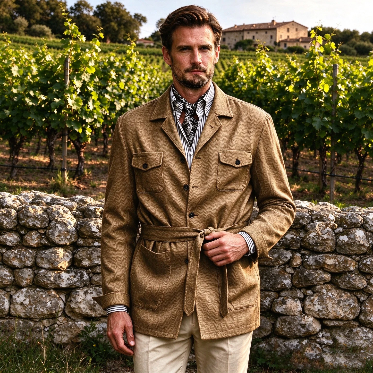 Men's Herringbone Tweed Safari Jacket with Belt Wool Blend Notched Lapel Sport Coat Multi Pocket Business Casual Field Jacket