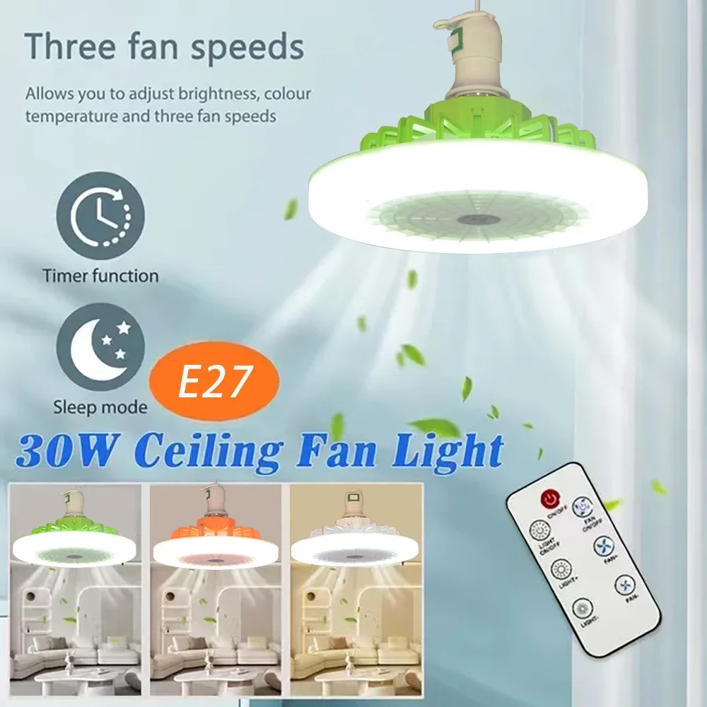 

30W Ceiling Lamp Fan E27 Bulb With Remote Control 6500K 3 Speeds Lighting Sealing Fan For Home Living Room Decor