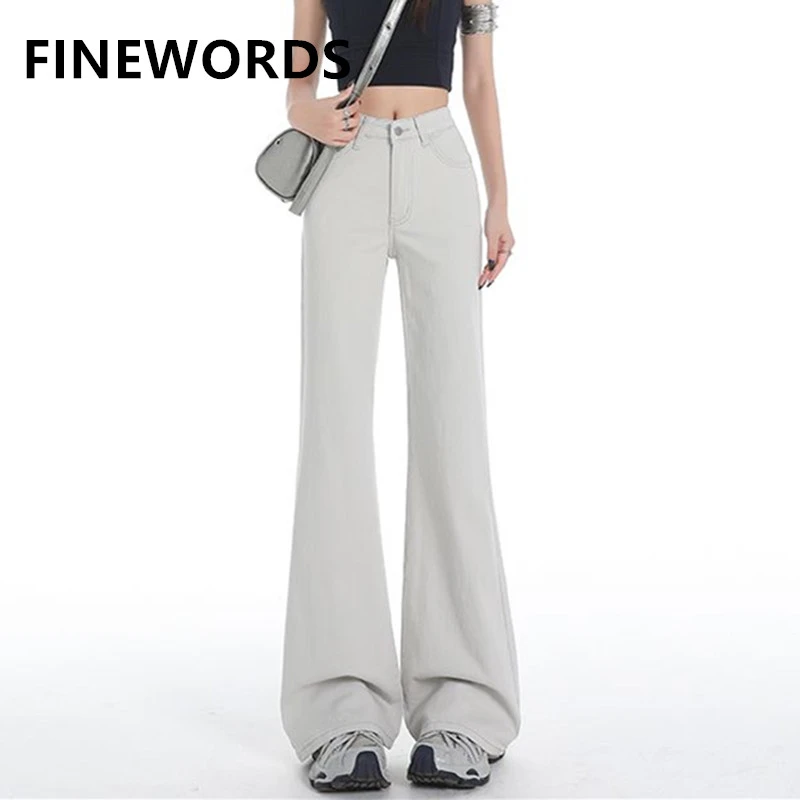 FINEWORDS جينز عتيق عالي الخصر متوهج Easymatch جينز كوري بجزء سفلي كامل الطول ملابس الشارع الشهير سروال دينم مقطوع