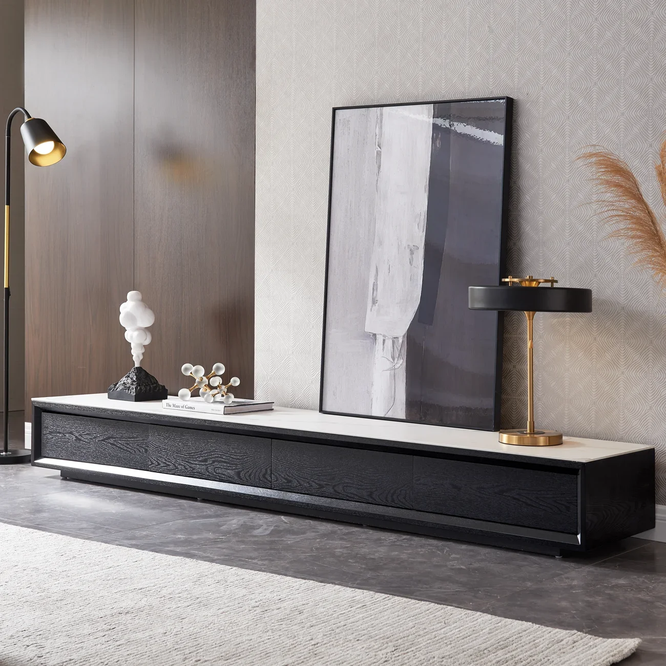 

Minimalist black TV cabinet rock slab small apartment modern simple living room TV cabinet Nordic floor