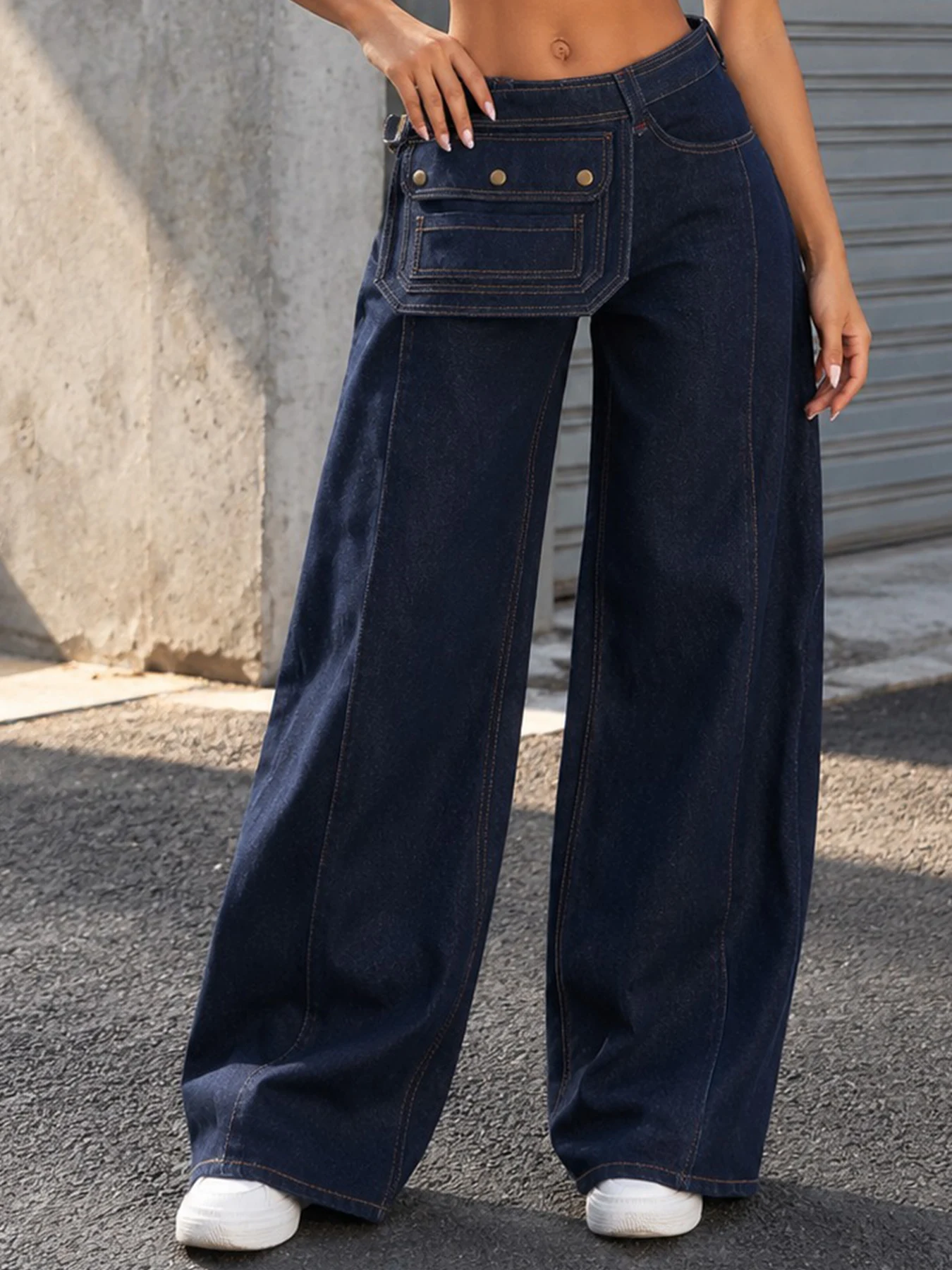 New Women's Washed Blue Wide-leg Jeans With Belt Loops, Large Front Pockets, Versatile Casual Style, Perfect for Daily Wear