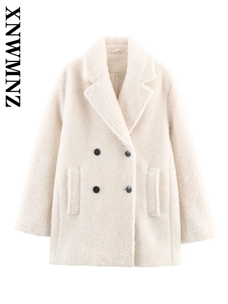 

XNWMNZ 2025 Winter Woman Vintage Casual Long Sleeve Tweed Top Simple Fashion Autumn Woman's White Notched Collar Thick Overcoat