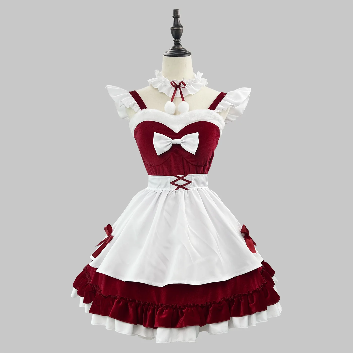 S -5XL Sexy Christmas Lolita Maid Dress Costume Cosplay Claret New Year Dress Suit for Maid Halloween Maid Party Costume