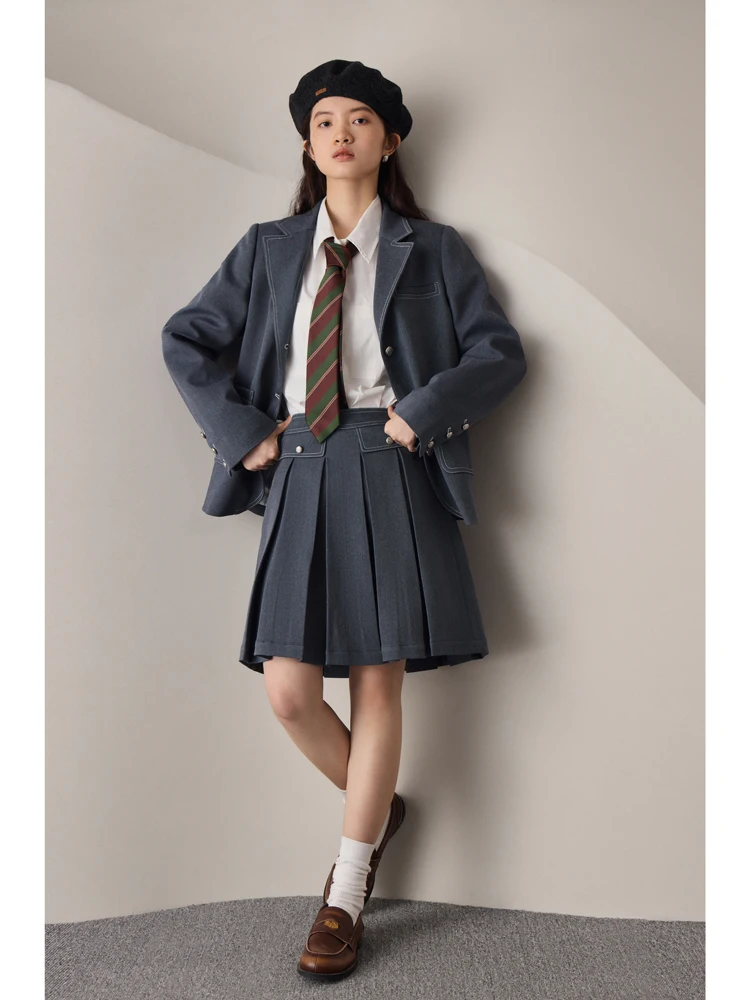 ZIQIAO British College Style Suit Sets for Female Autumn Chic Design Loose Blazers + Mini Pleated Skirt Two-piece Set Women