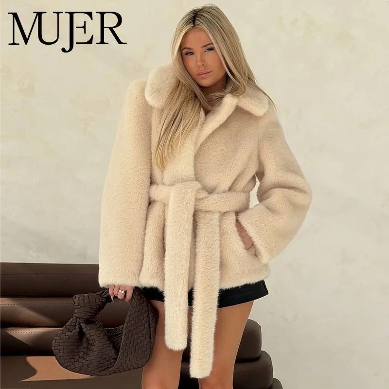 MUJER Faux Fur Plush Jacket Women Fluffy Demi-season Jackets for Women Warm Winter Women's Teddy Coats Belt New in Outerwears