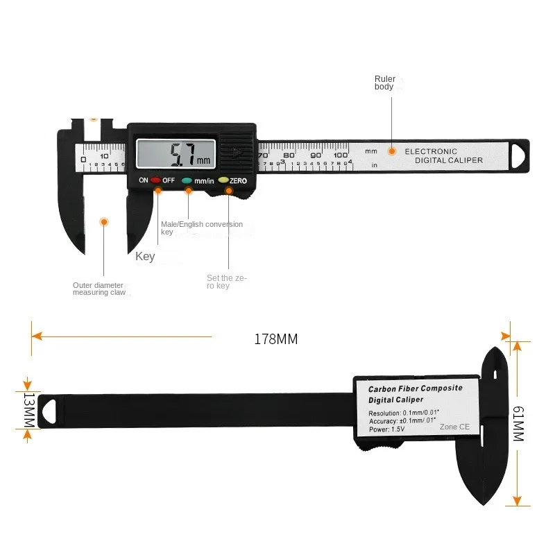 50pcs Electronic Digital Display Vernier Caliper 0-100 Lower 3-button Plastic Measuring Tool Inner Outer Diameter Measuring Tool