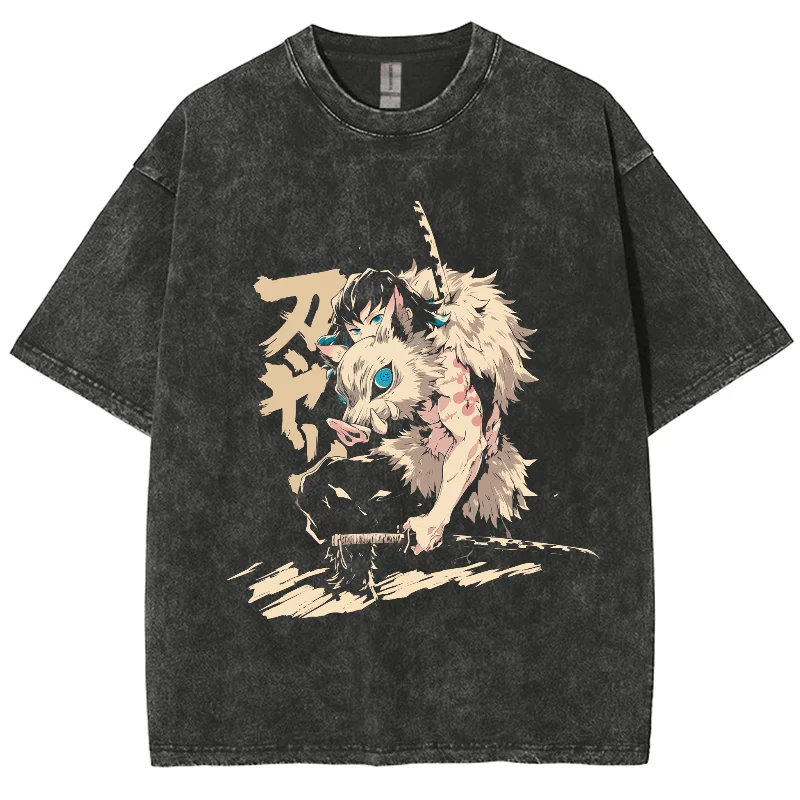 Camiseta unissex pintada à mão com estampa de javali selvagem, estilo japonês de anime, moda retrô, manga curta, lavagem extragrande