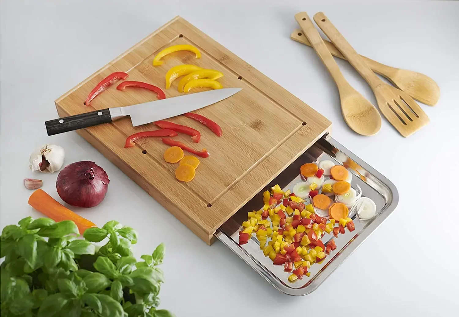 Large Chopping Board With Juice Groove And Containers Bamboo Cutting Board With Stainless Steel Tray Perfect For Kitchen