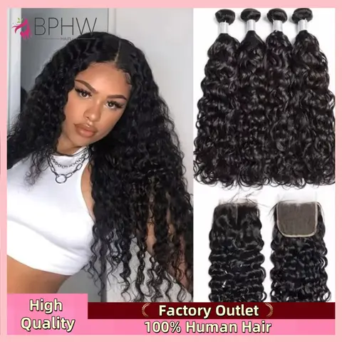 12A Water Wave Bundles With Closure Frontal Peruvian Deep Curl Wet and Wavy Bundles With Closure 100% Remy Human Hair Weave